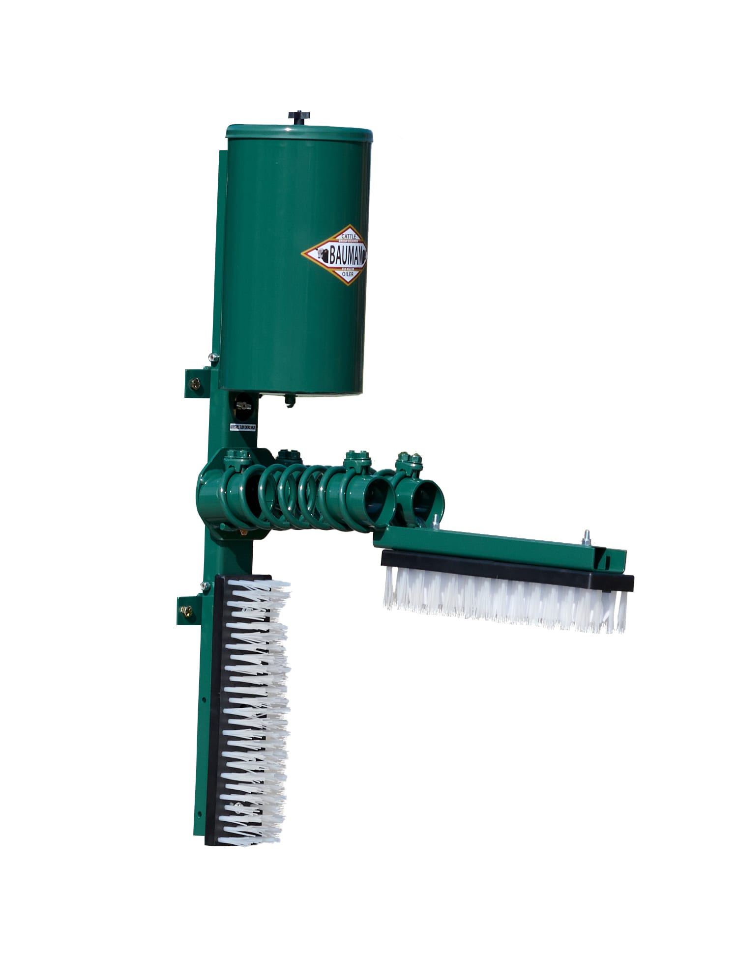 D-99 cattle oiler green unit with cylindrical oil reservoir, dual side and front brush arms, full side view