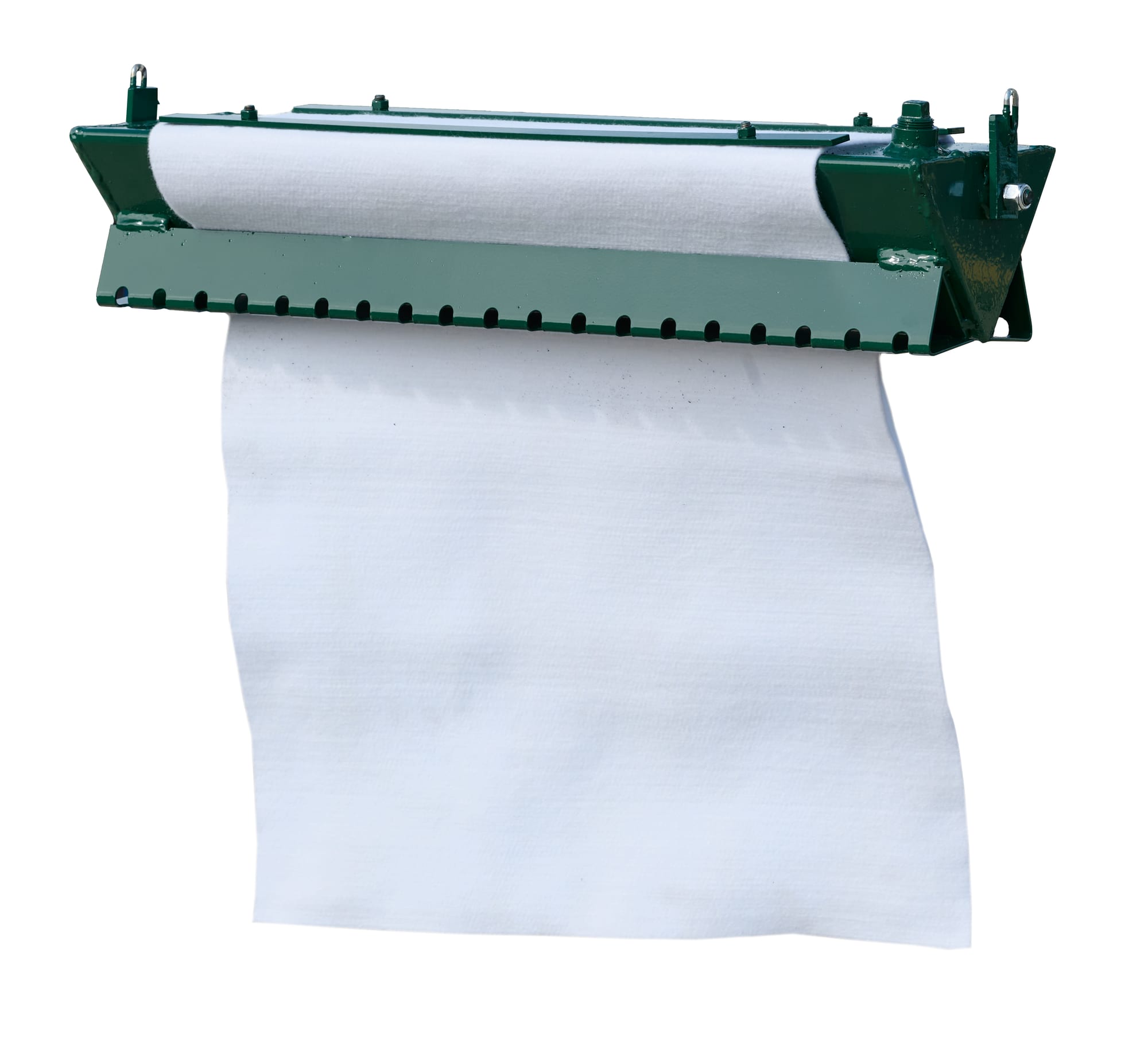 BHF C30 cattle oiler green steel frame with white felt wicking roller and hanging wick panel, full side view