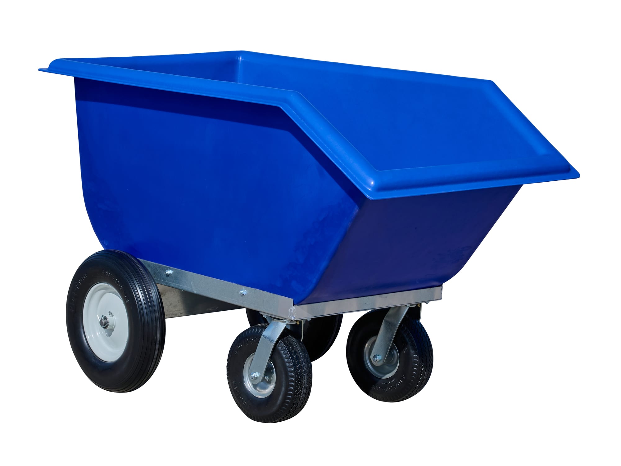 FC-12 blue poly feed cart with angled hopper body and four flat-free caster wheels, three-quarter view