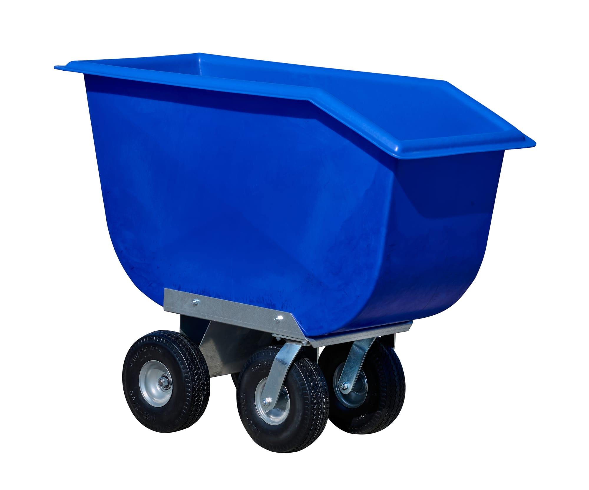 FC-8 blue poly feed cart with vertical sides and flat-free casters, three-quarter front view
