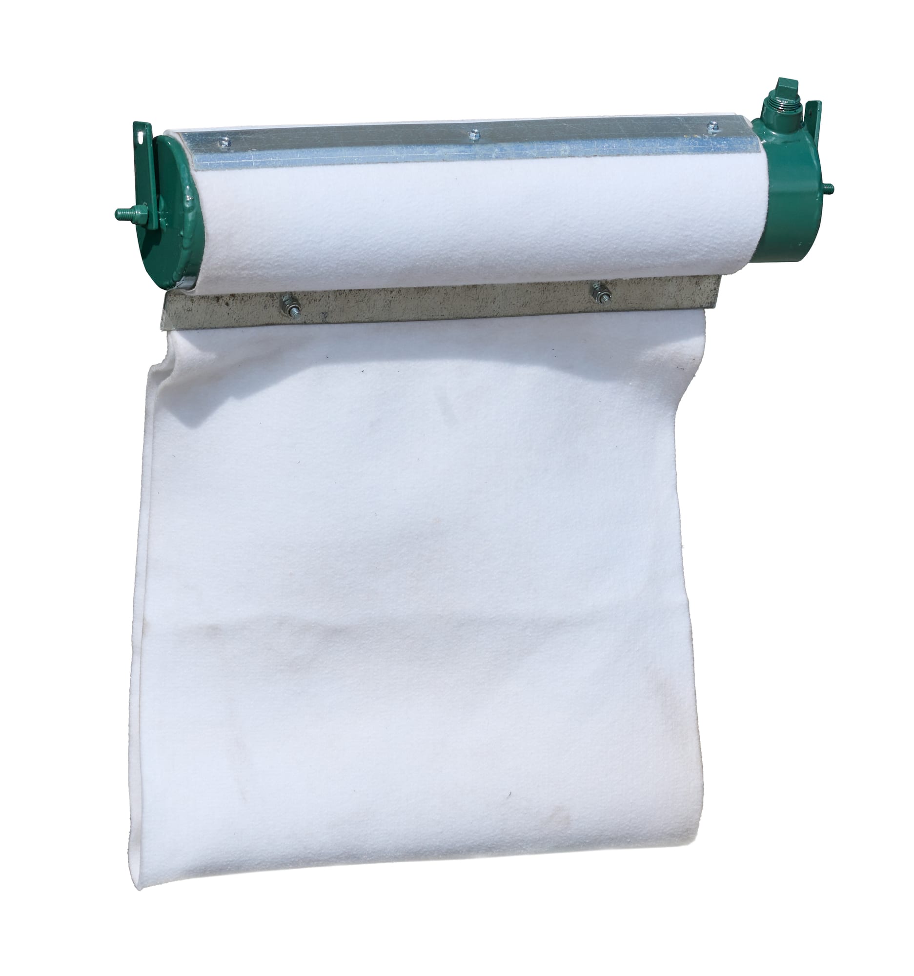 FD oiler white felt roller and applicator pad assembly with green metal end brackets, close-up front view