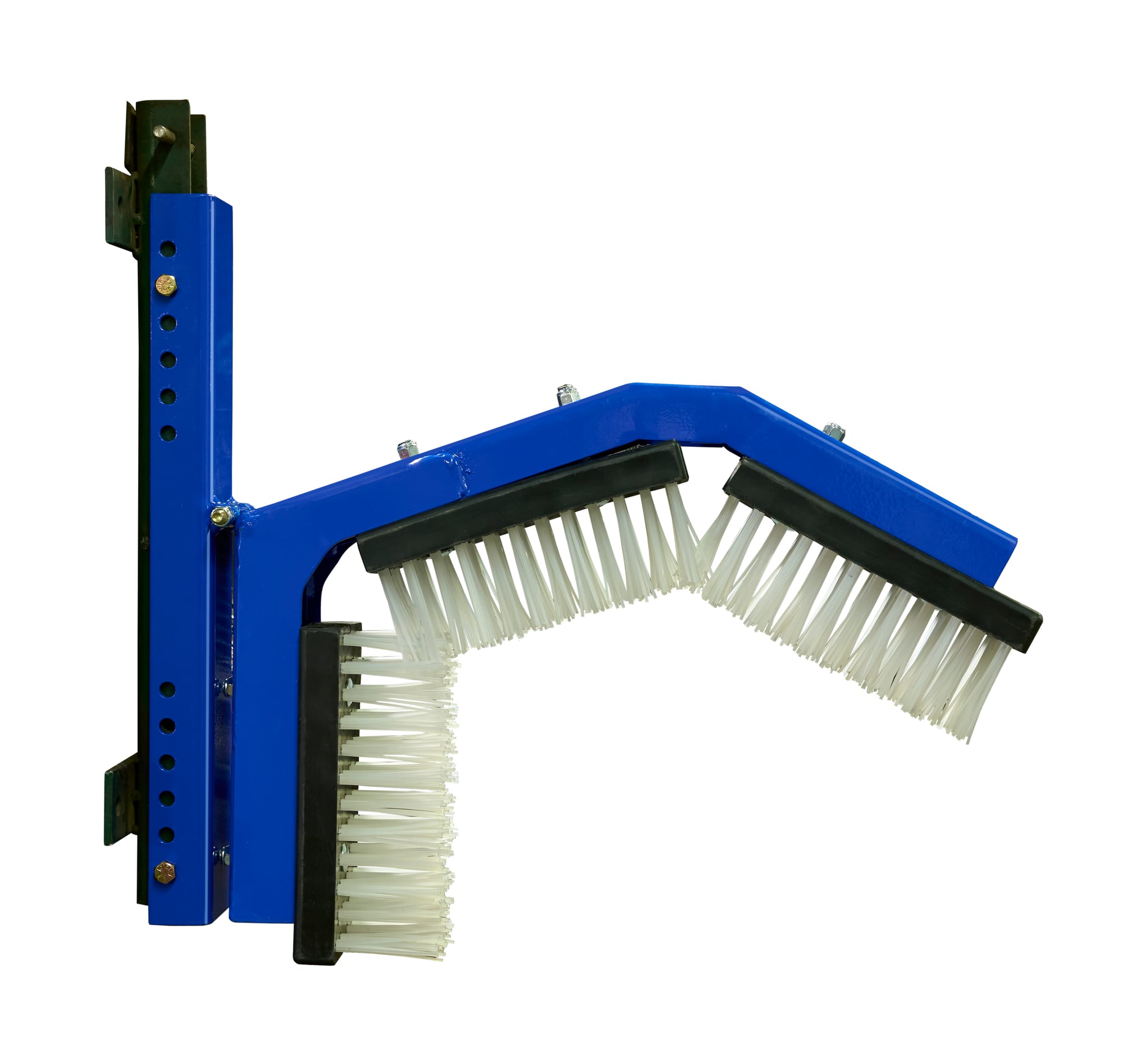 Goat scratcher blue two-arm brush frame with adjustable perforated mounting post, no oil tank, side view