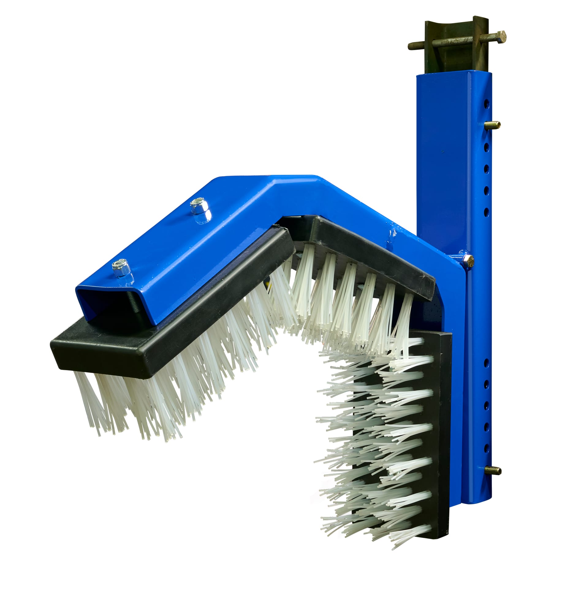Goat scratcher blue dual-brush frame showing V-shaped brush angle and top mounting bracket, front-angle view