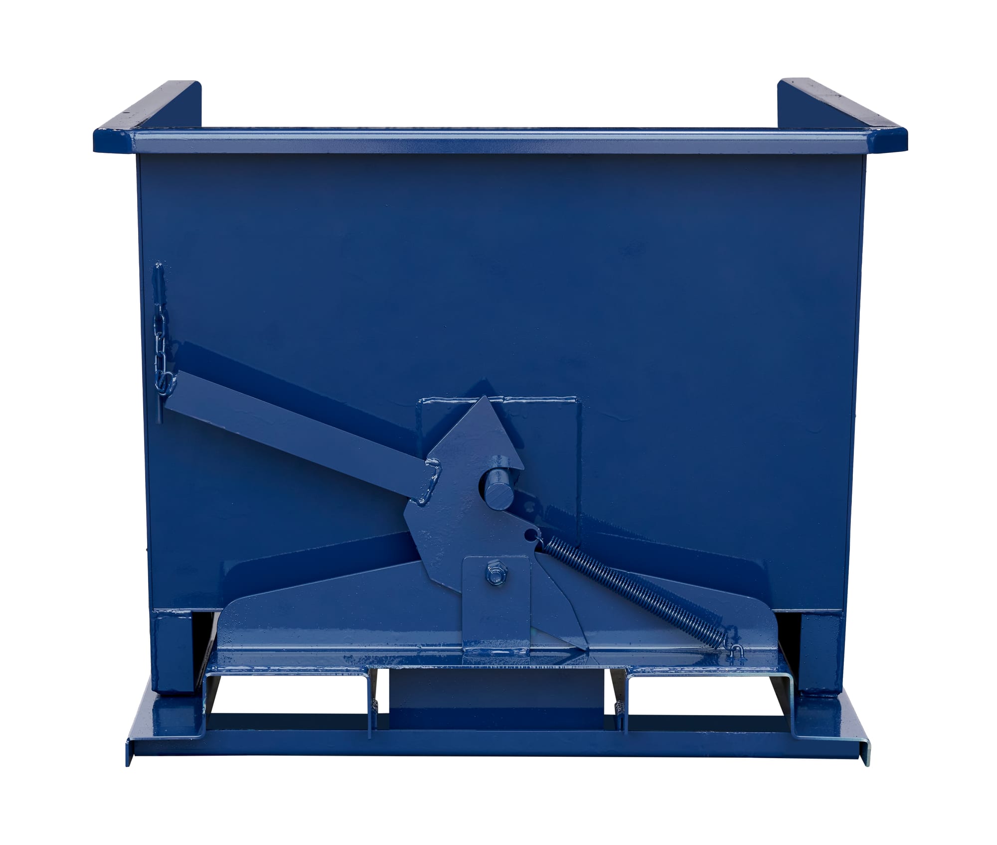 SD12R blue steel self-dumping hopper, straight front view showing trip latch assembly and forklift pockets