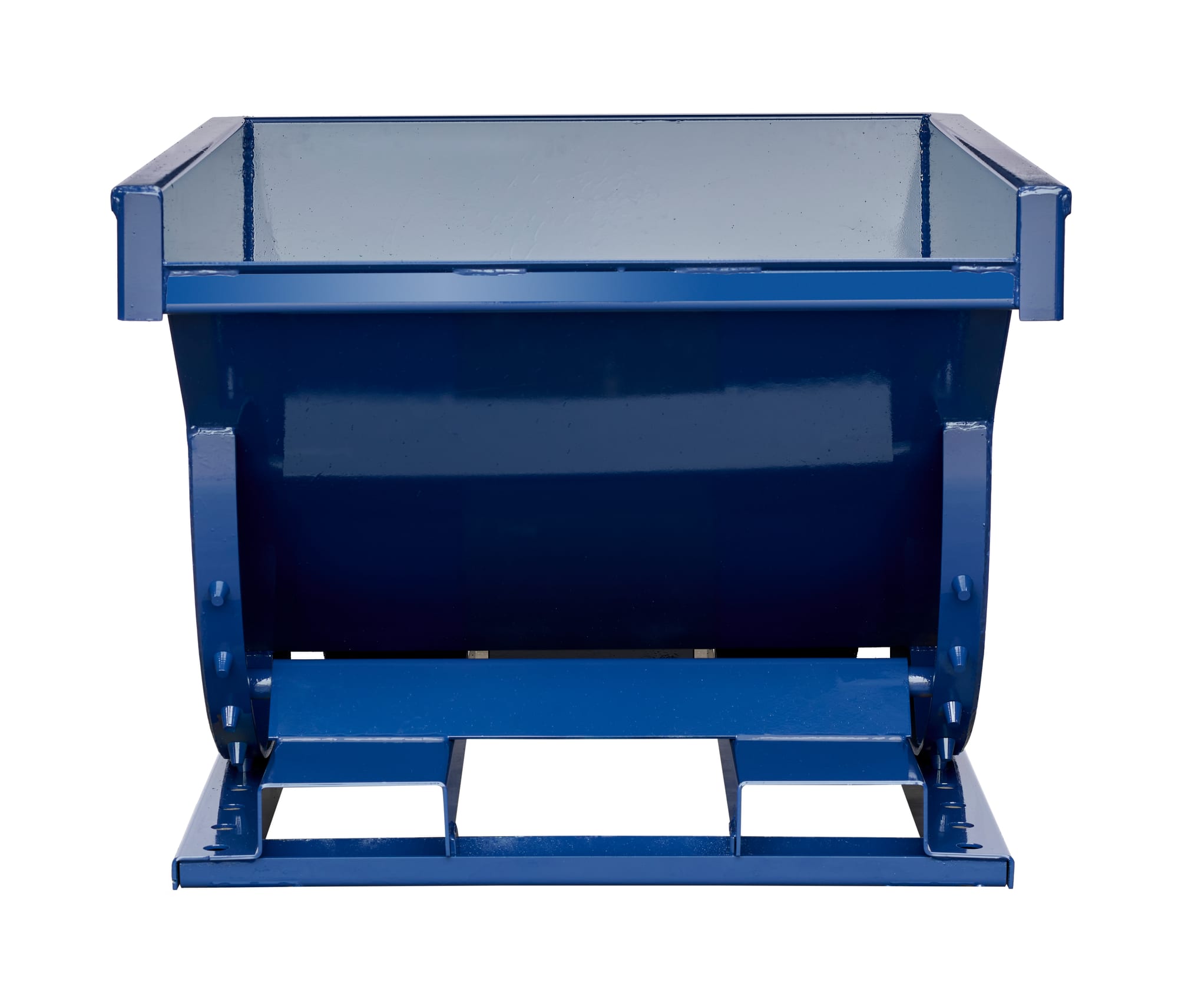 SD12R blue steel self-dumping hopper, straight rear view showing open top interior and forklift base