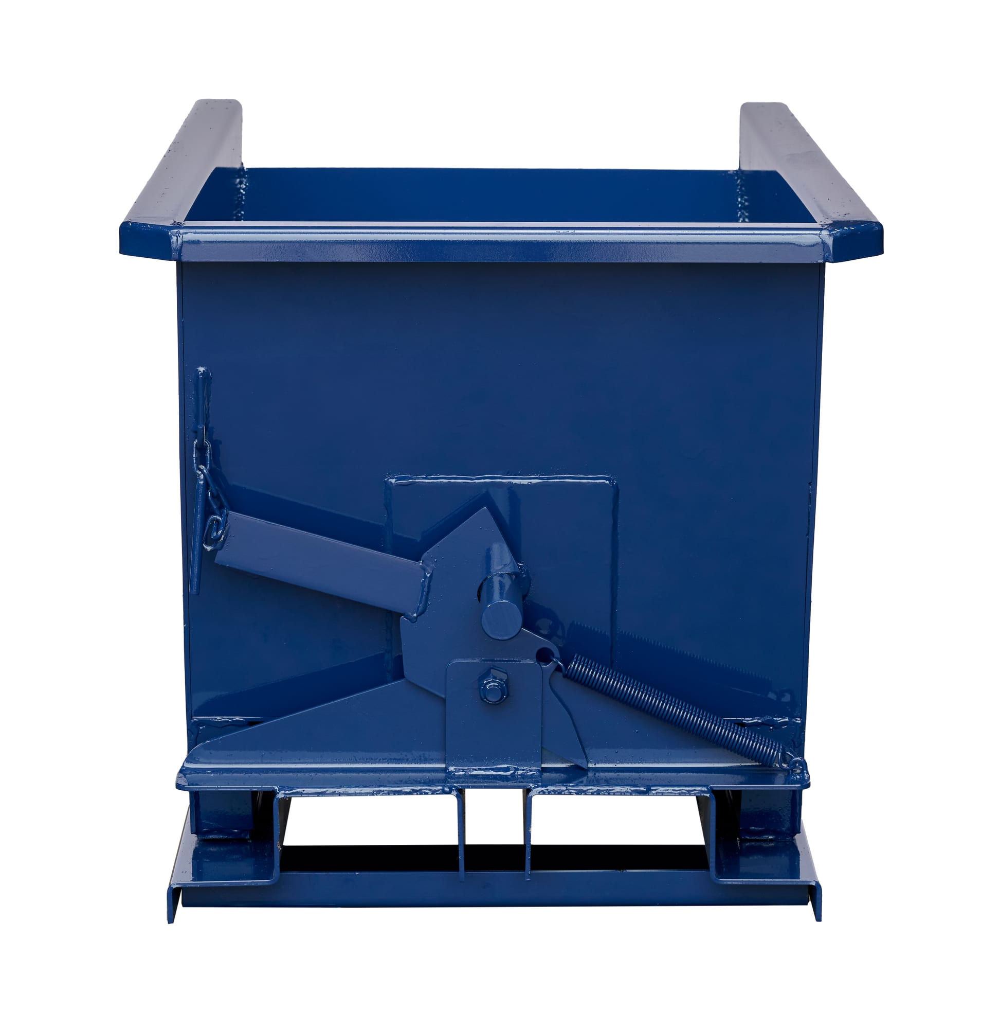 SD14R blue steel self-dumping hopper, straight front view showing trip latch mechanism and forklift pocket openings