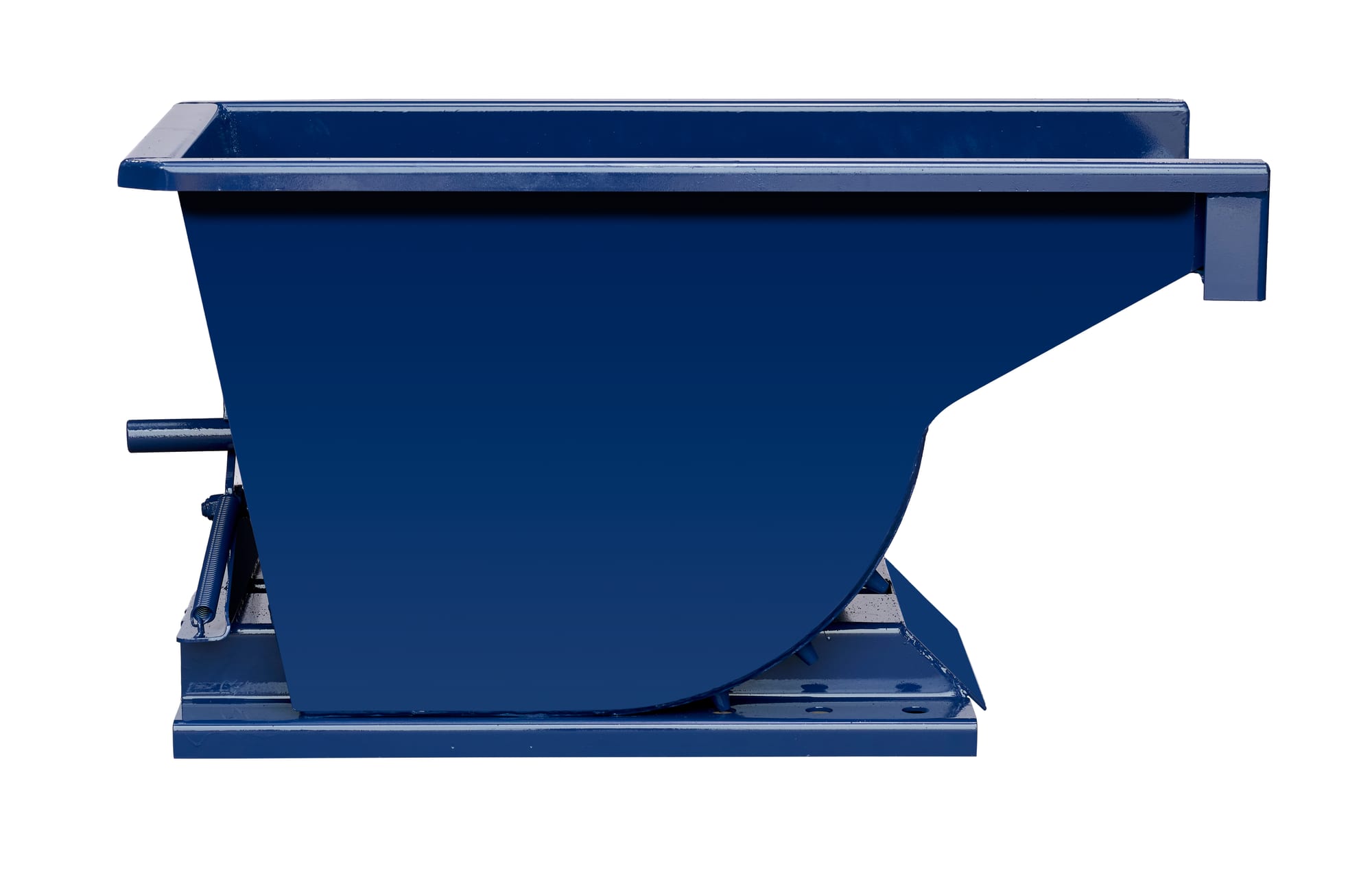 SD14R blue steel self-dumping hopper, direct side view showing curved discharge wall and pivot axle on base