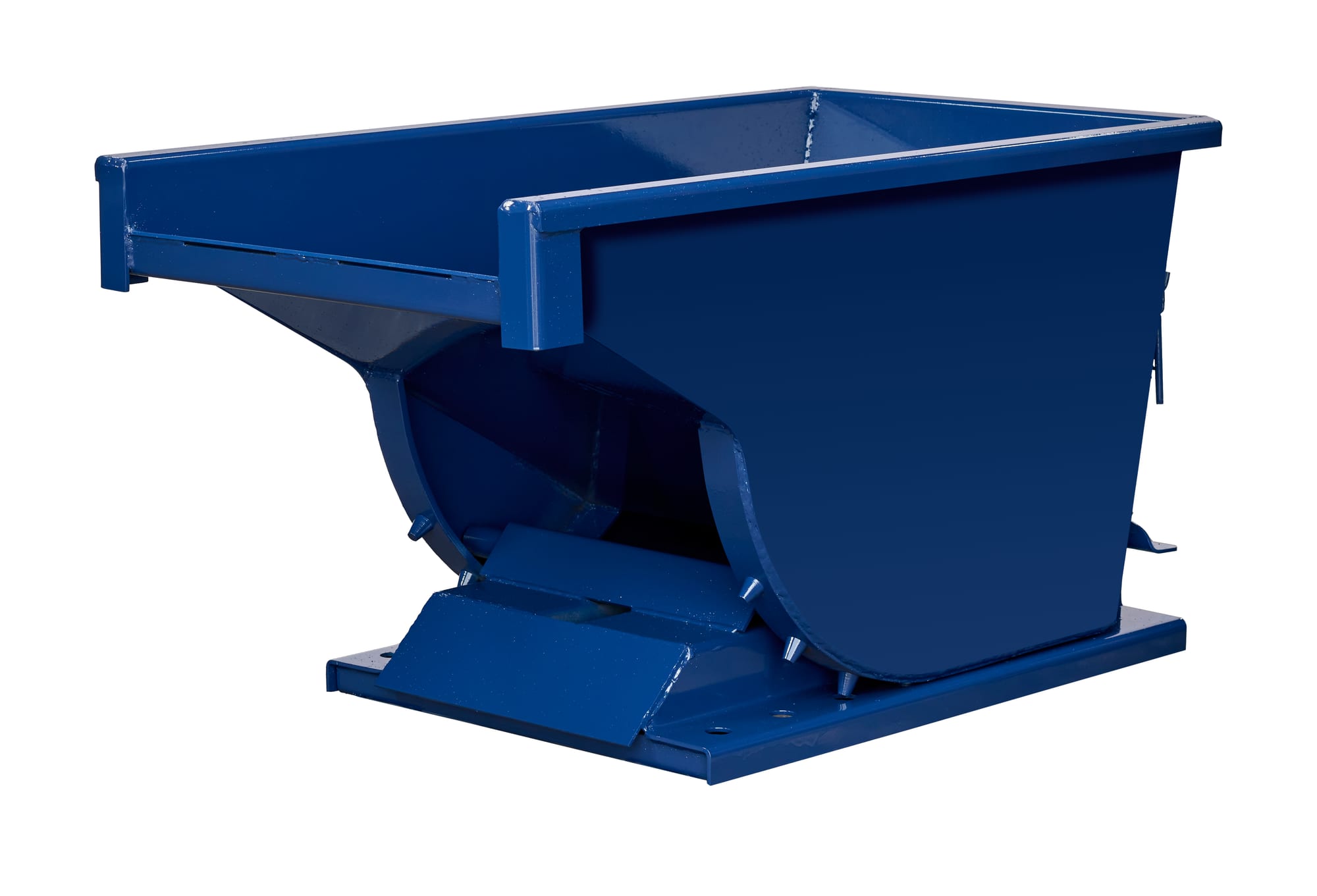 SD14R blue steel self-dumping hopper tilted forward, front-left angle showing interior tub and curved dump wall