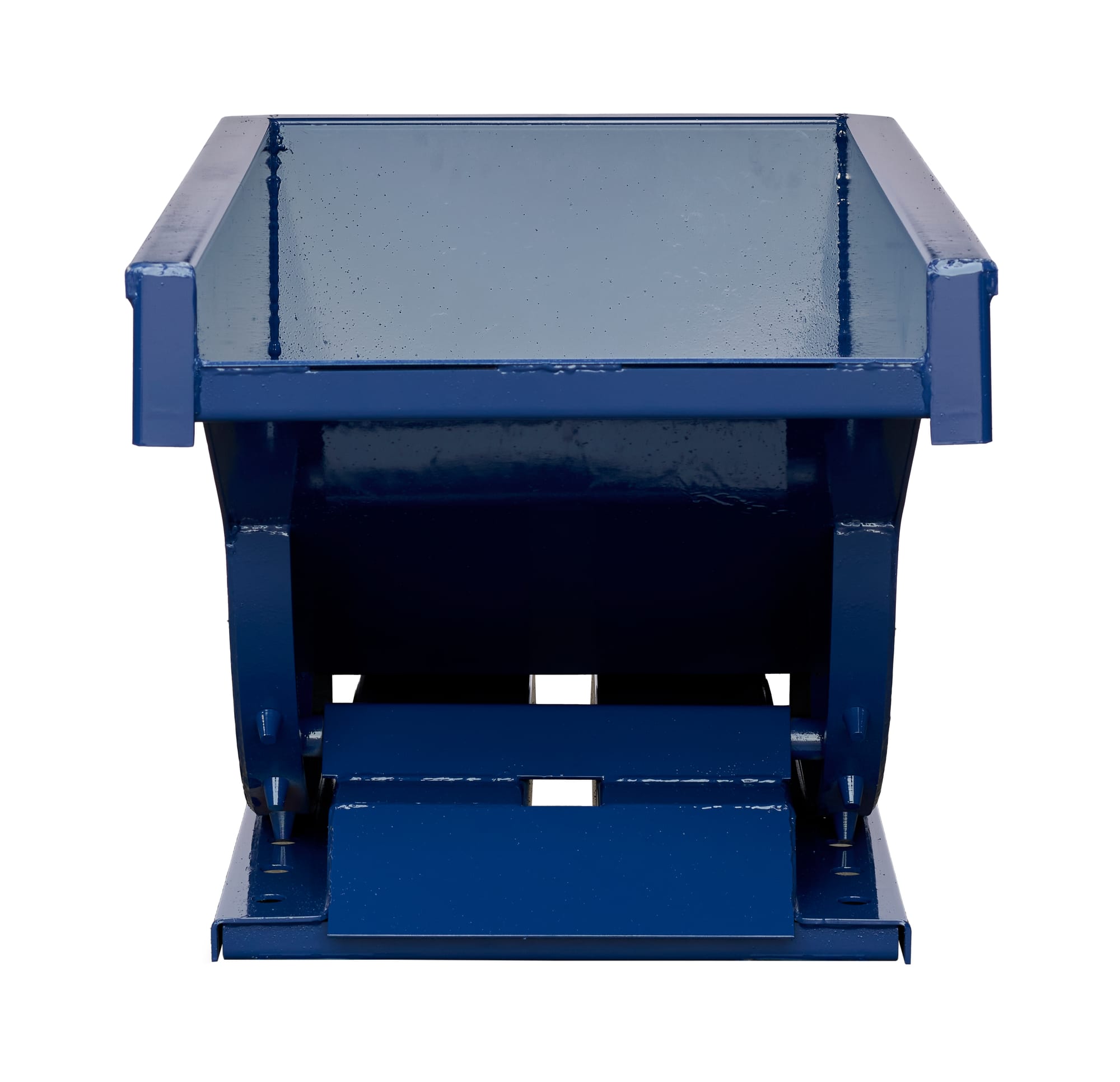 SD14R blue steel self-dumping hopper, straight rear view showing open top and forklift base frame