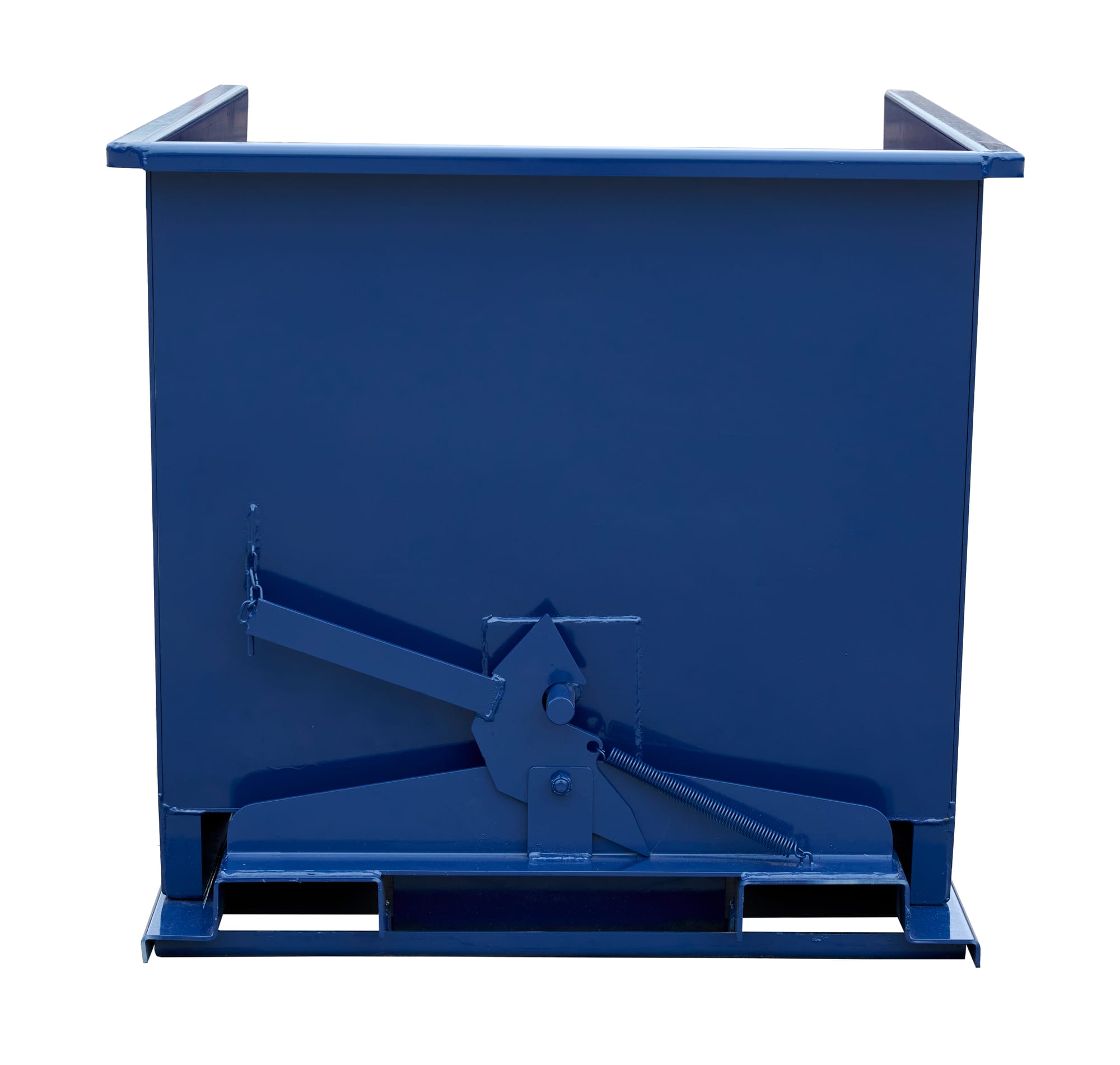 SD150R blue steel self-dumping hopper, straight front view showing trip latch mechanism and open forklift pockets