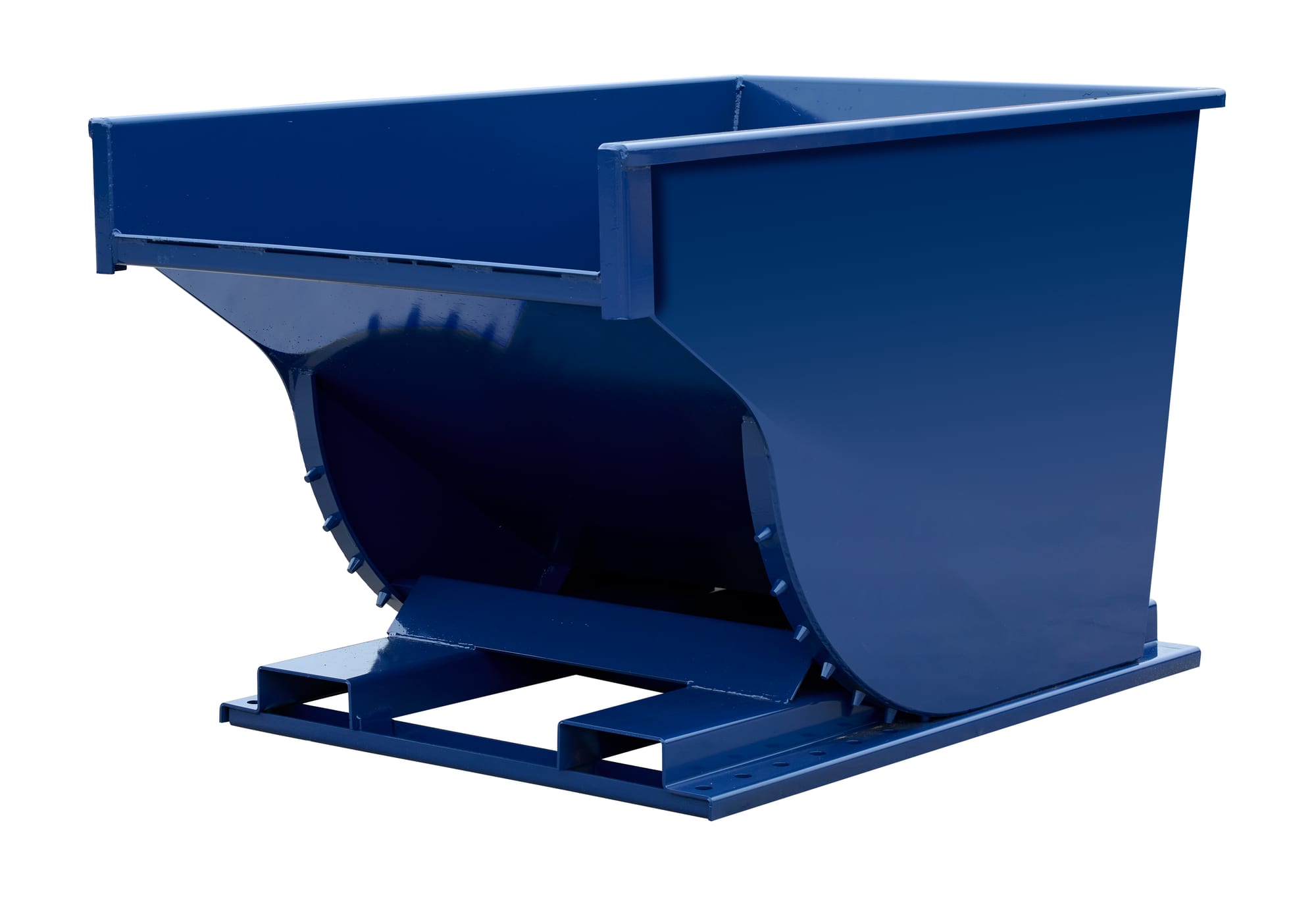 SD150R blue steel self-dumping hopper, straight rear view showing open top and forklift base frame