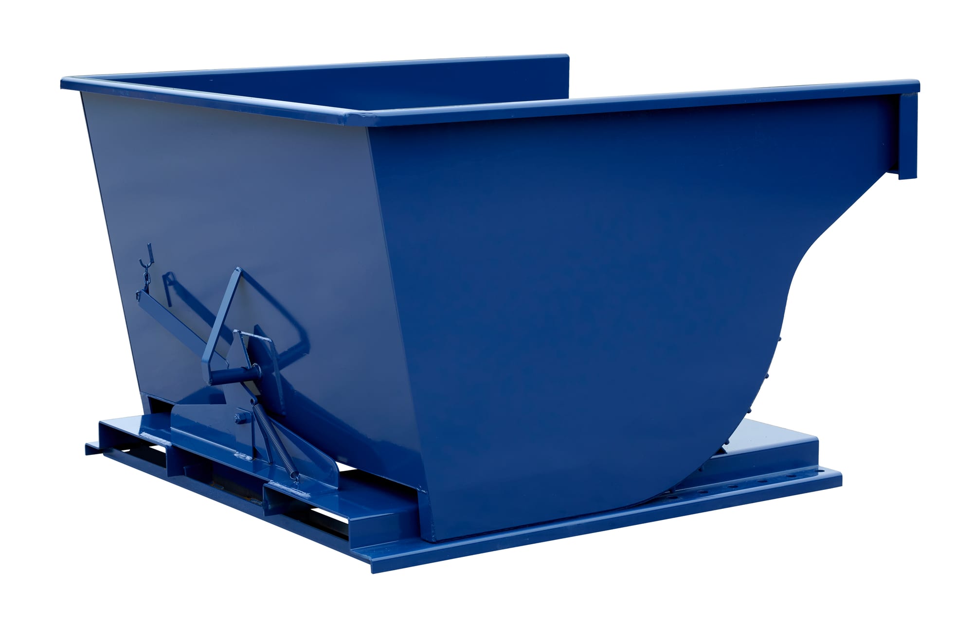 SD200R blue steel self-dumping hopper, three-quarter front view with spring-return trip latch and forklift pockets
