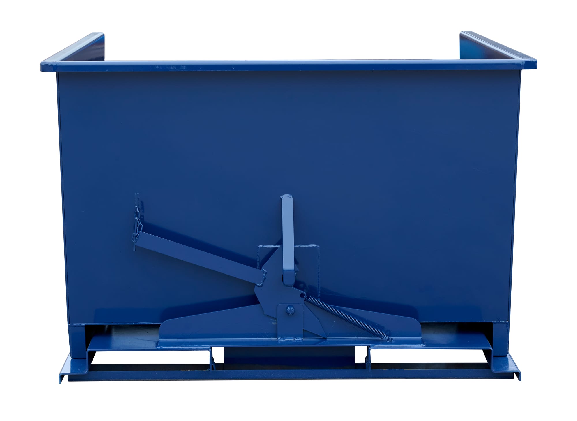 SD200R blue steel self-dumping hopper, straight front view showing trip latch mechanism and open forklift pockets