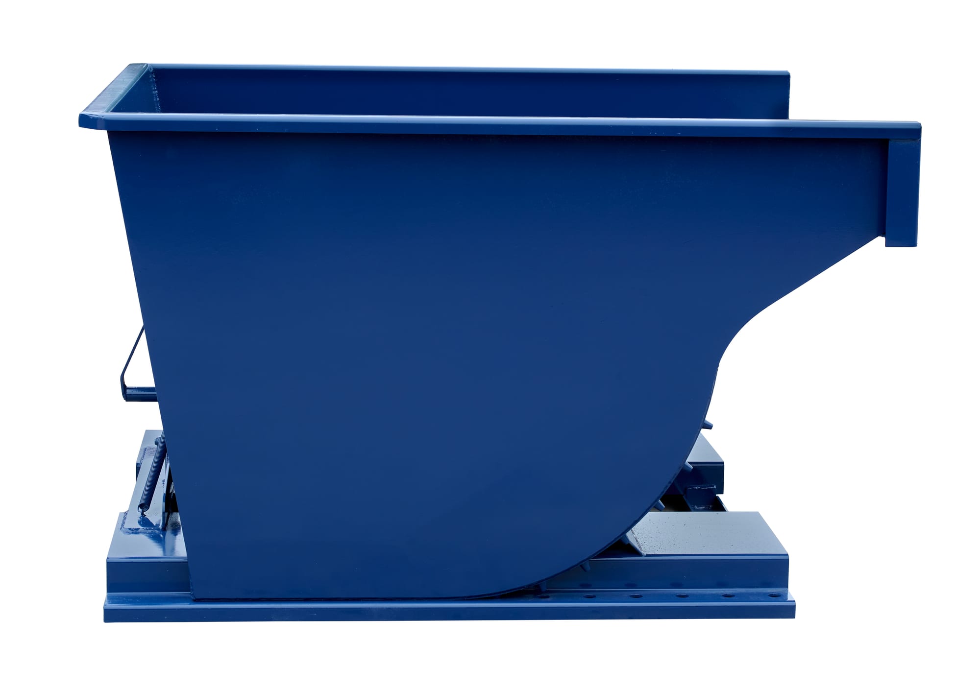 SD200R blue steel self-dumping hopper, direct side view showing curved discharge wall and pivot axle on base