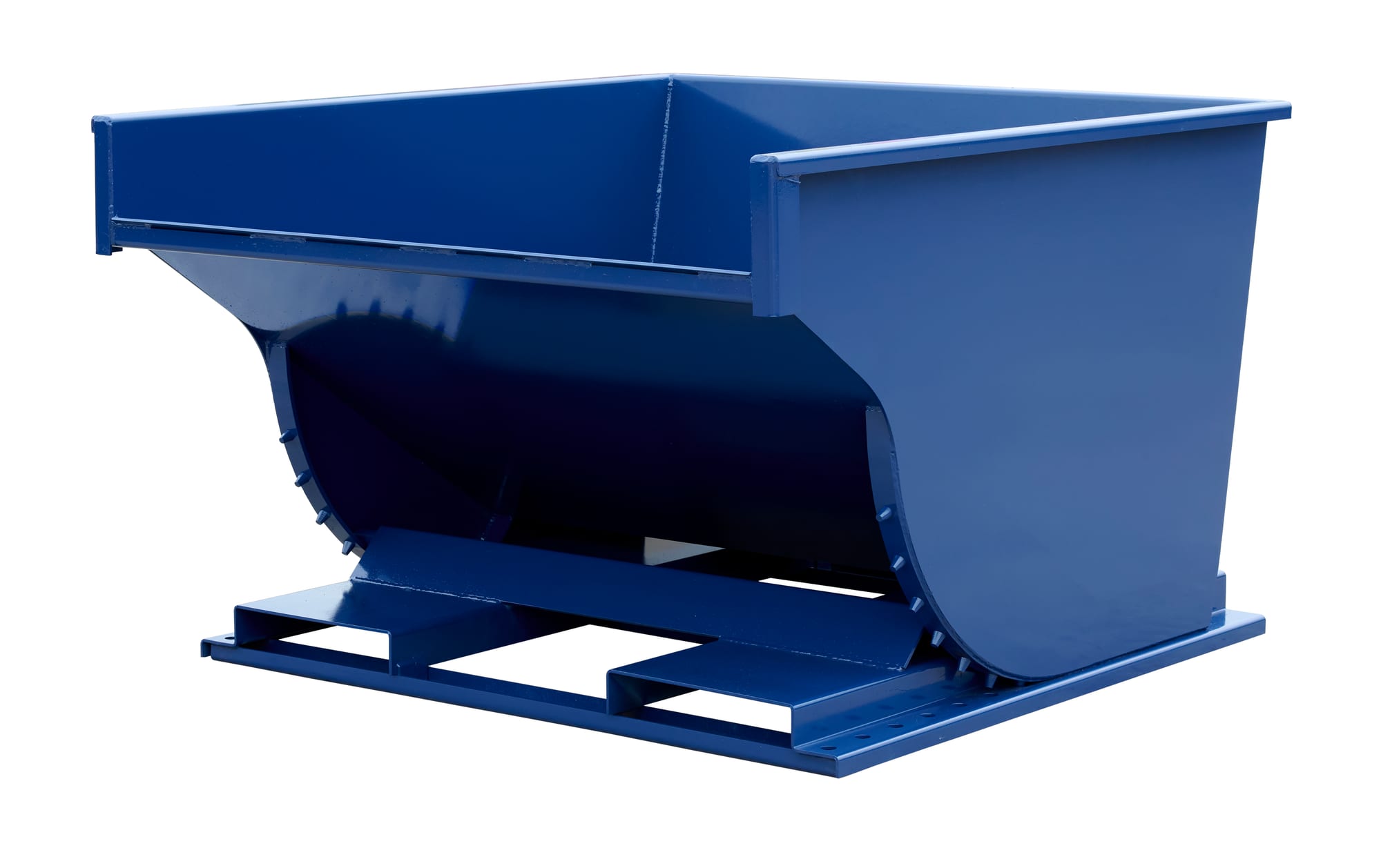 SD200R blue steel self-dumping hopper tilted forward, three-quarter view showing interior and curved discharge wall