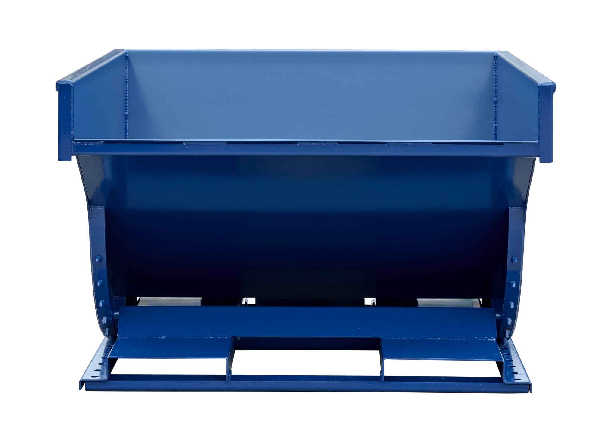 SD200R blue steel self-dumping hopper, straight rear view showing open top and forklift base frame