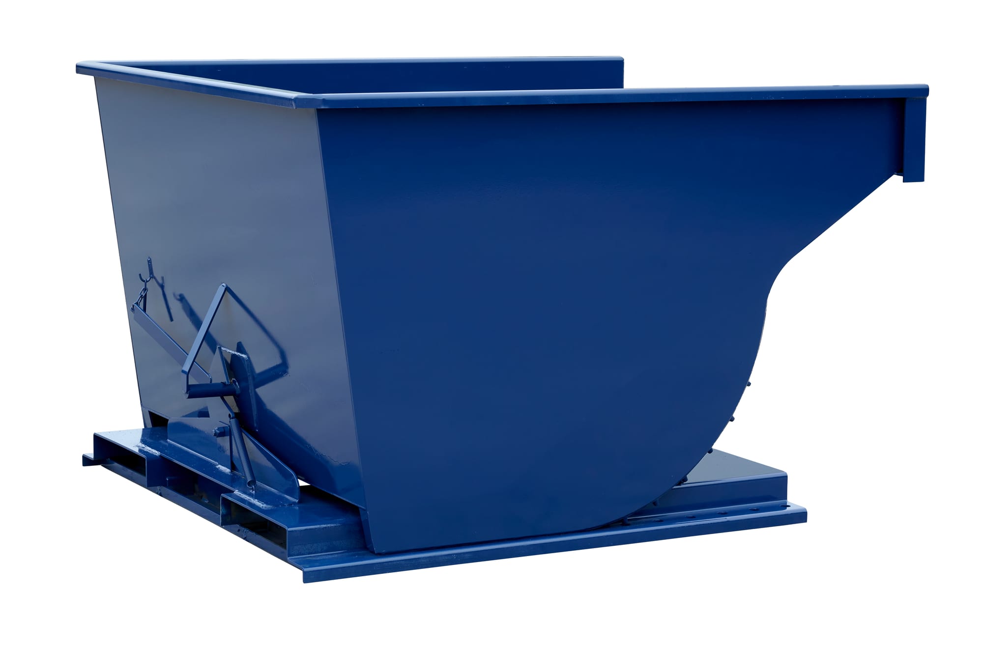 SD250R blue steel self-dumping hopper, three-quarter front view with spring-return trip latch and forklift pockets