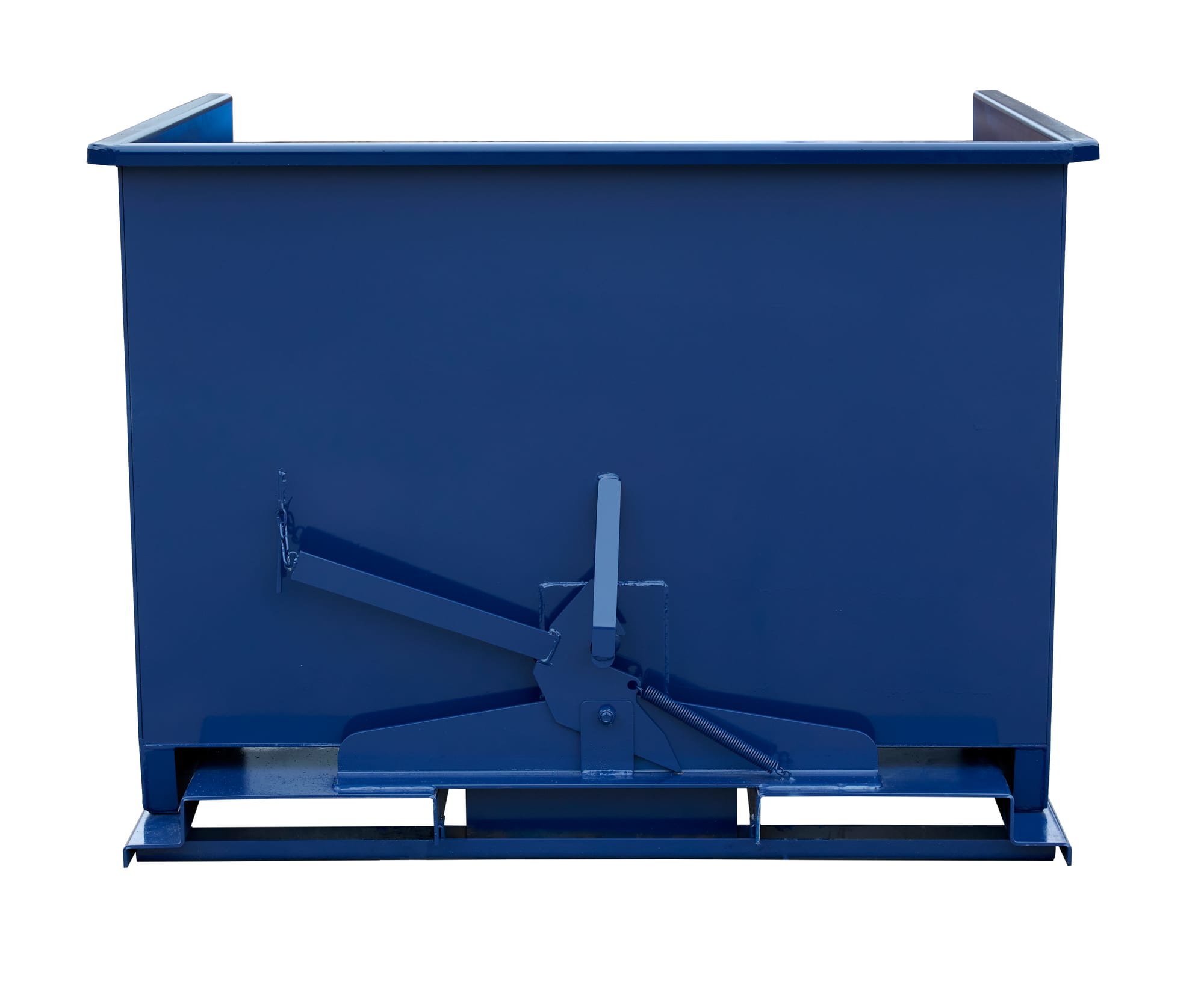 SD250R blue steel self-dumping hopper, straight front view showing trip latch mechanism and open forklift pockets