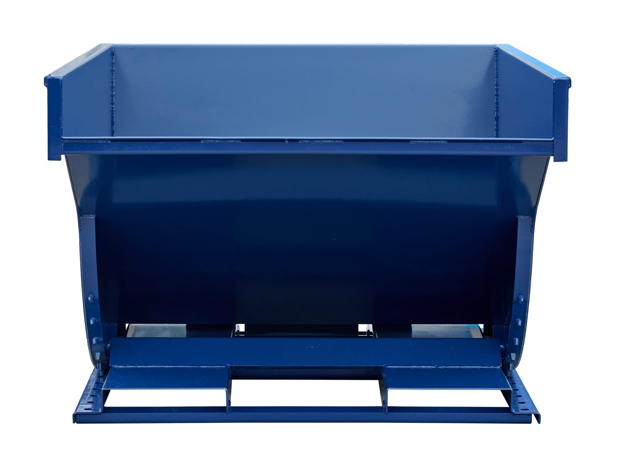 SD250R blue steel self-dumping hopper tilted forward, three-quarter view showing interior and curved discharge wall