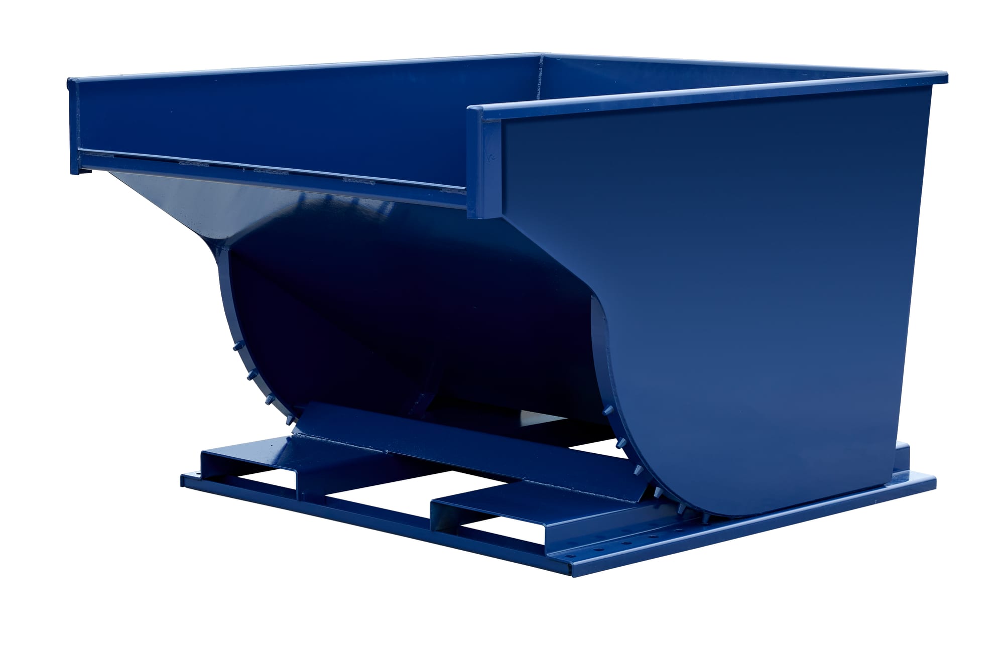 SD250R blue steel self-dumping hopper, straight rear view showing open top and forklift base frame