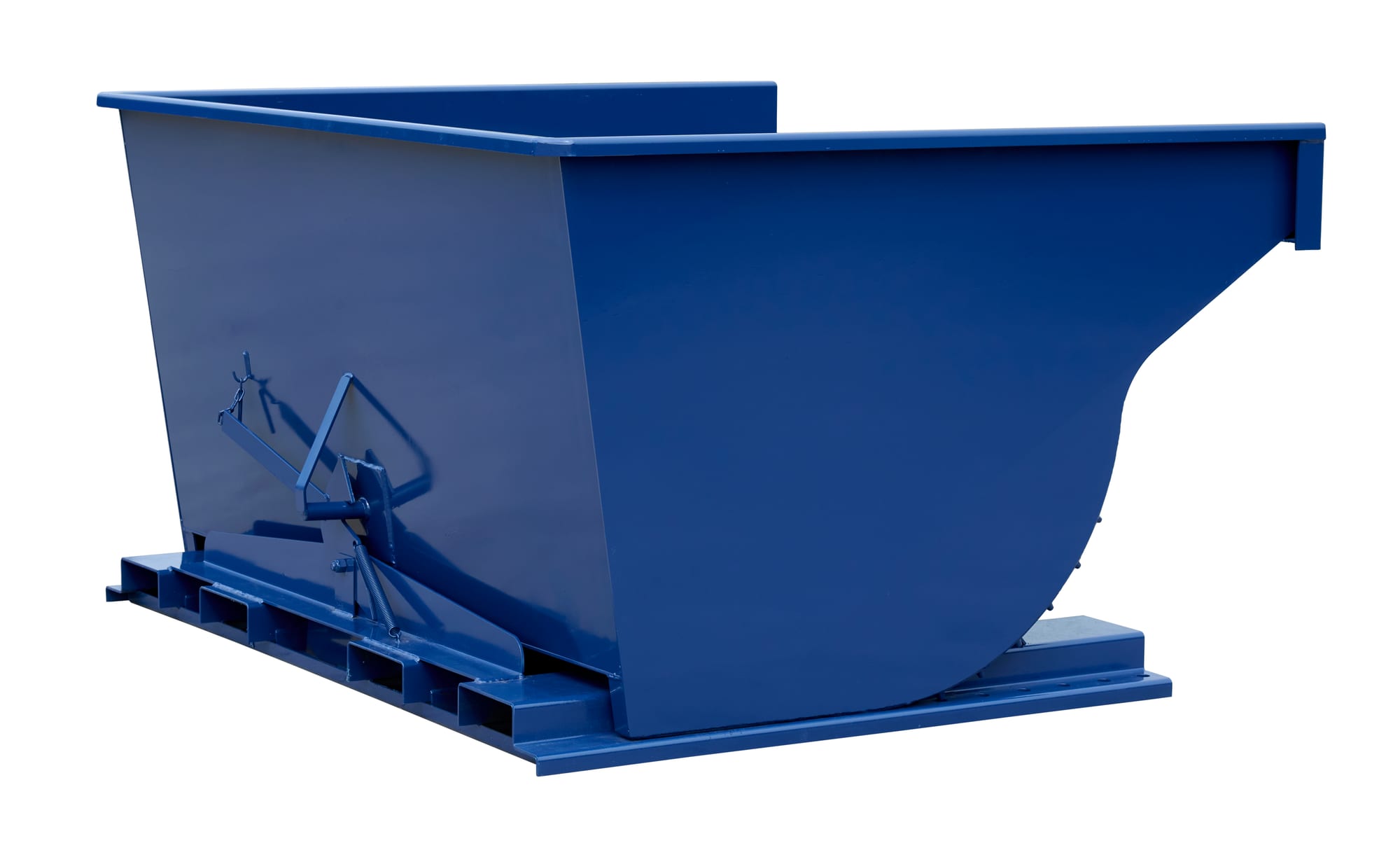 SD400R blue self-dumping steel hopper with trip mechanism and wide forklift base, three-quarter front view