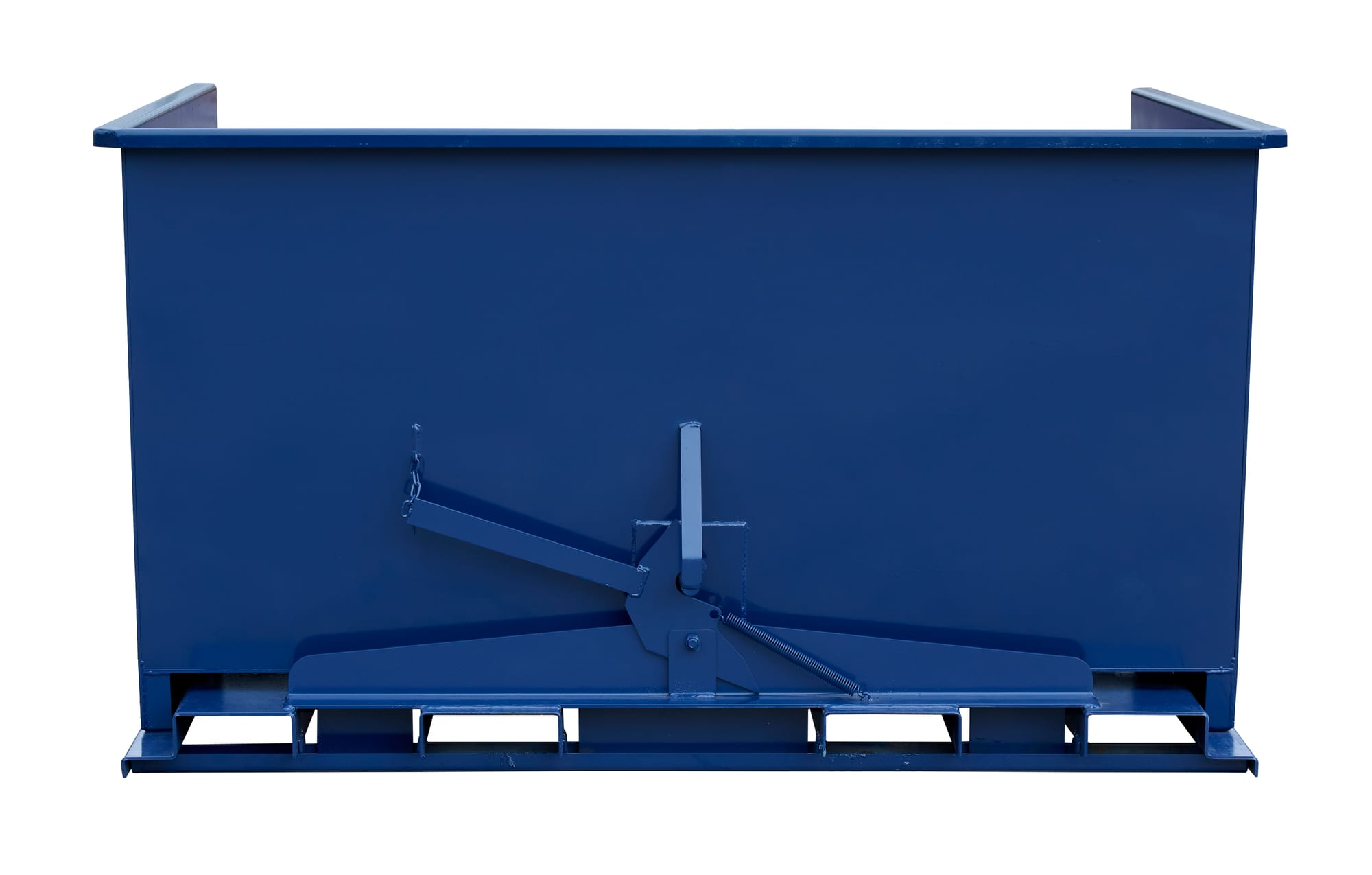 SD400R blue self-dumping hopper straight front view showing trip latch and spring mechanism