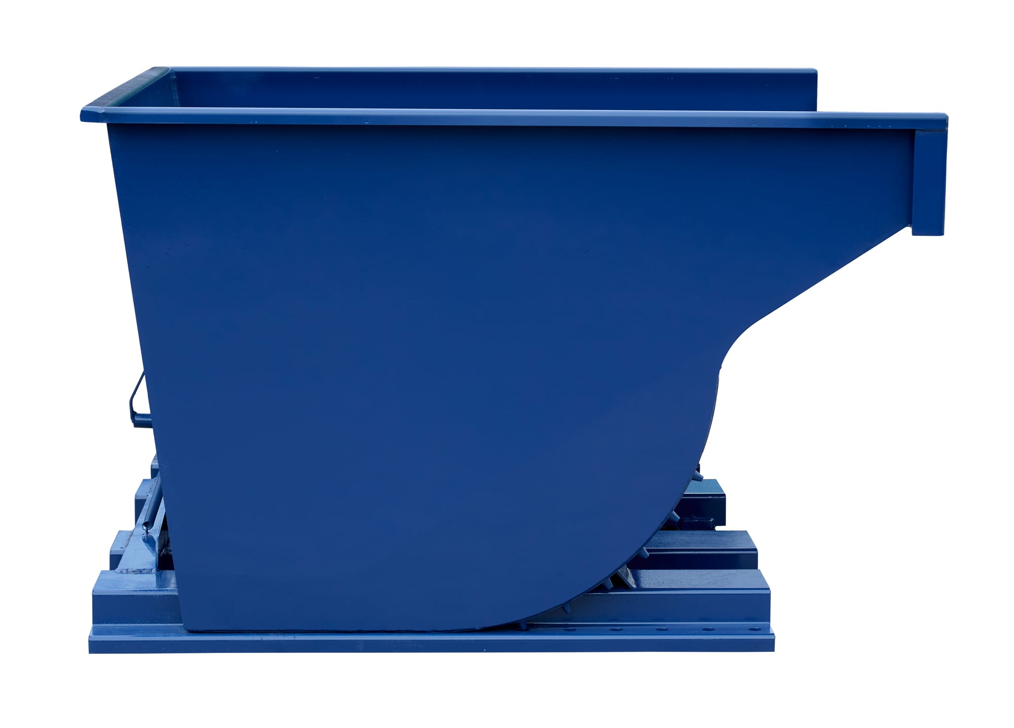 SD400R blue self-dumping hopper direct side view showing curved dump chute and multi-rail base