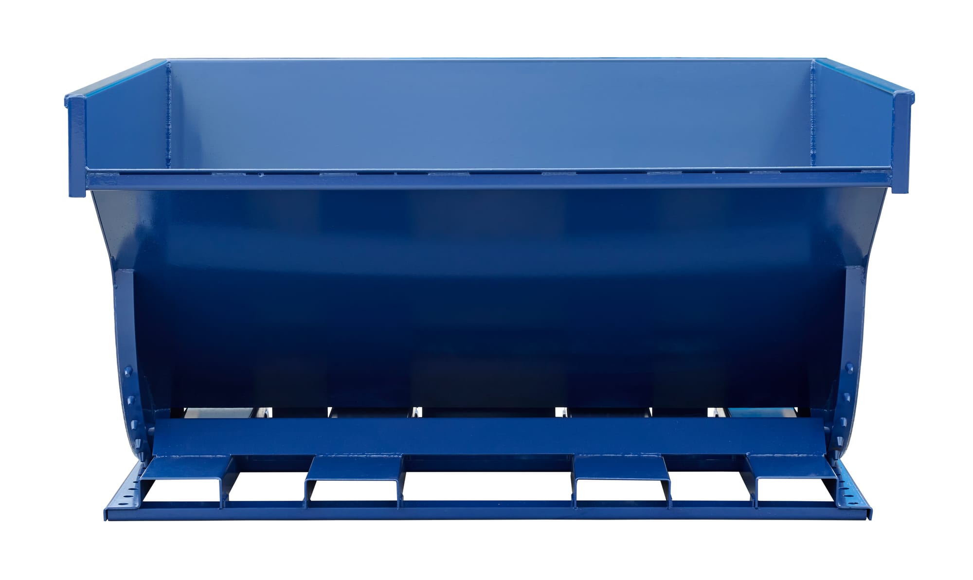 SD400R blue self-dumping hopper straight front view with hopper tilted open and wide forklift base