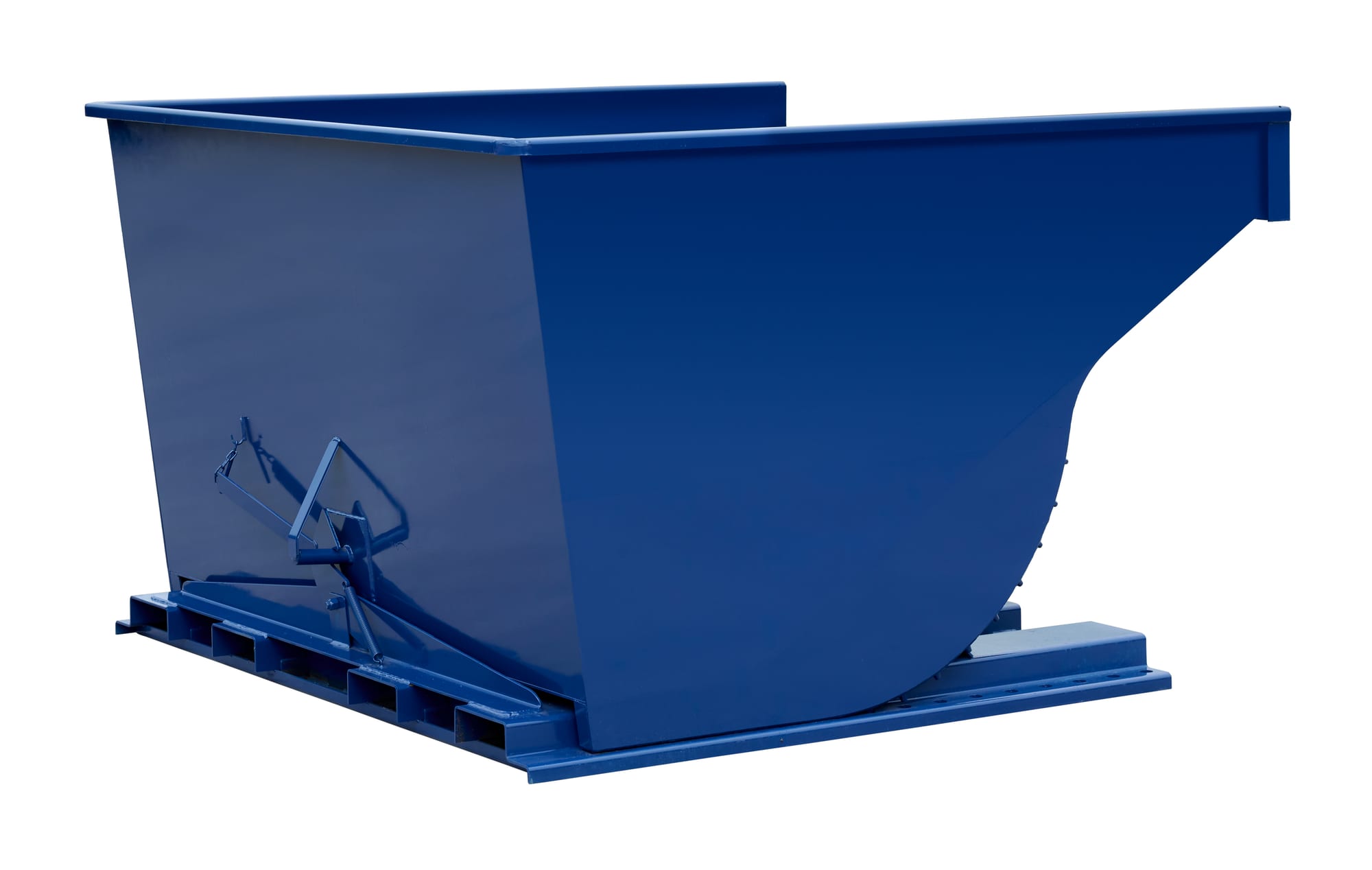 SD500R blue self-dumping steel hopper with trip mechanism and wide forklift base, three-quarter front view