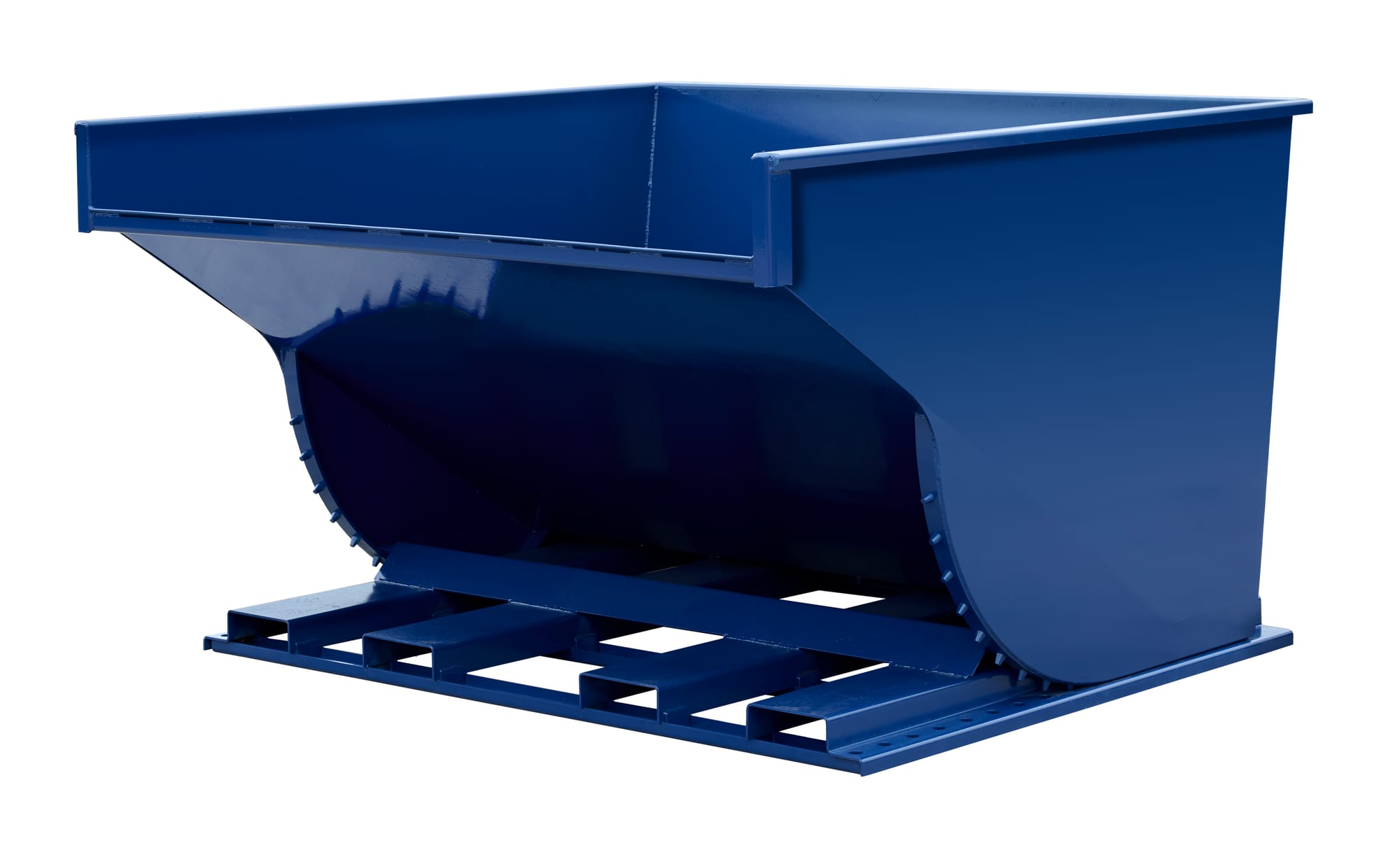 SD500R blue self-dumping hopper tilted open showing interior dump chute, three-quarter front view