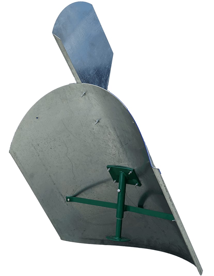 CSFU weather vane galvanized shield assembly with green post mount, rear view