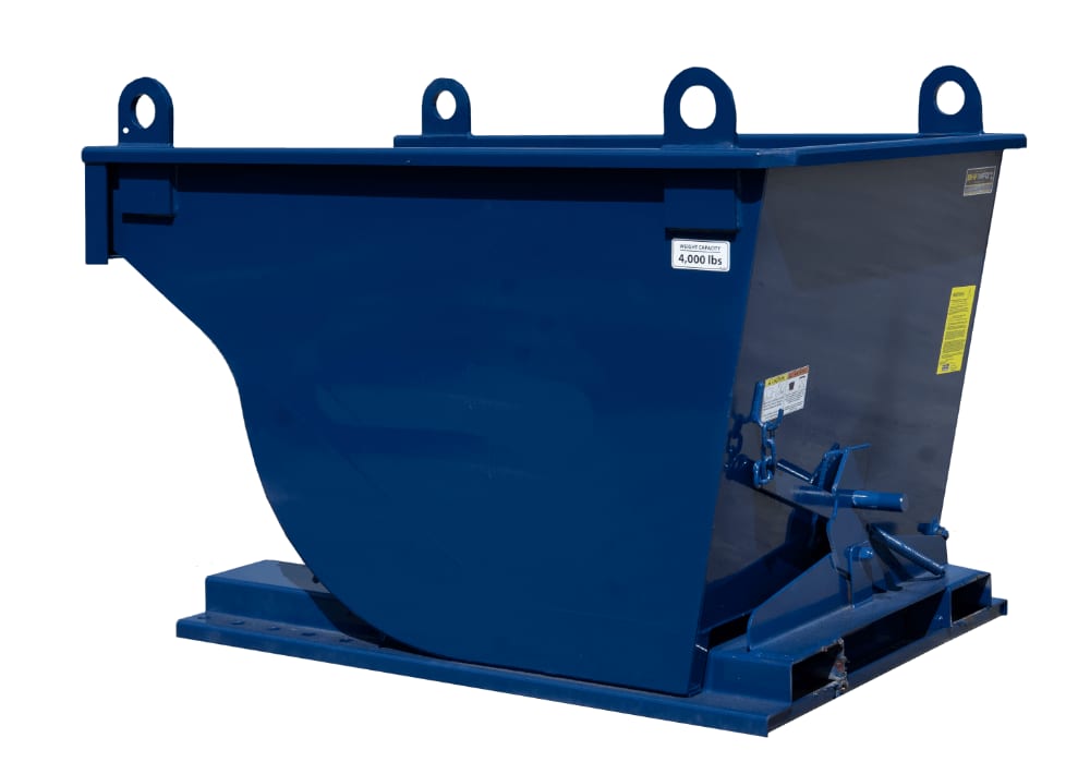 Engineered self-dumping hopper with four top lifting lugs, blue steel, three-quarter view on forklift base