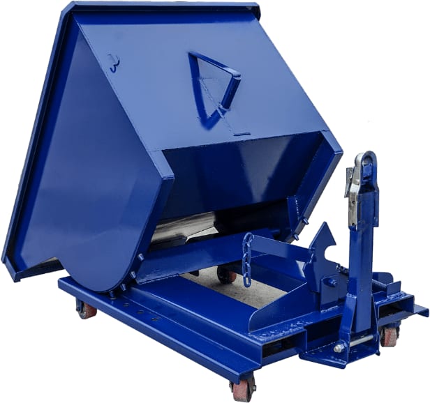 Tugger Bin blue steel self-dumping hopper on wheeled frame, tilted open position with tow handle, three-quarter view