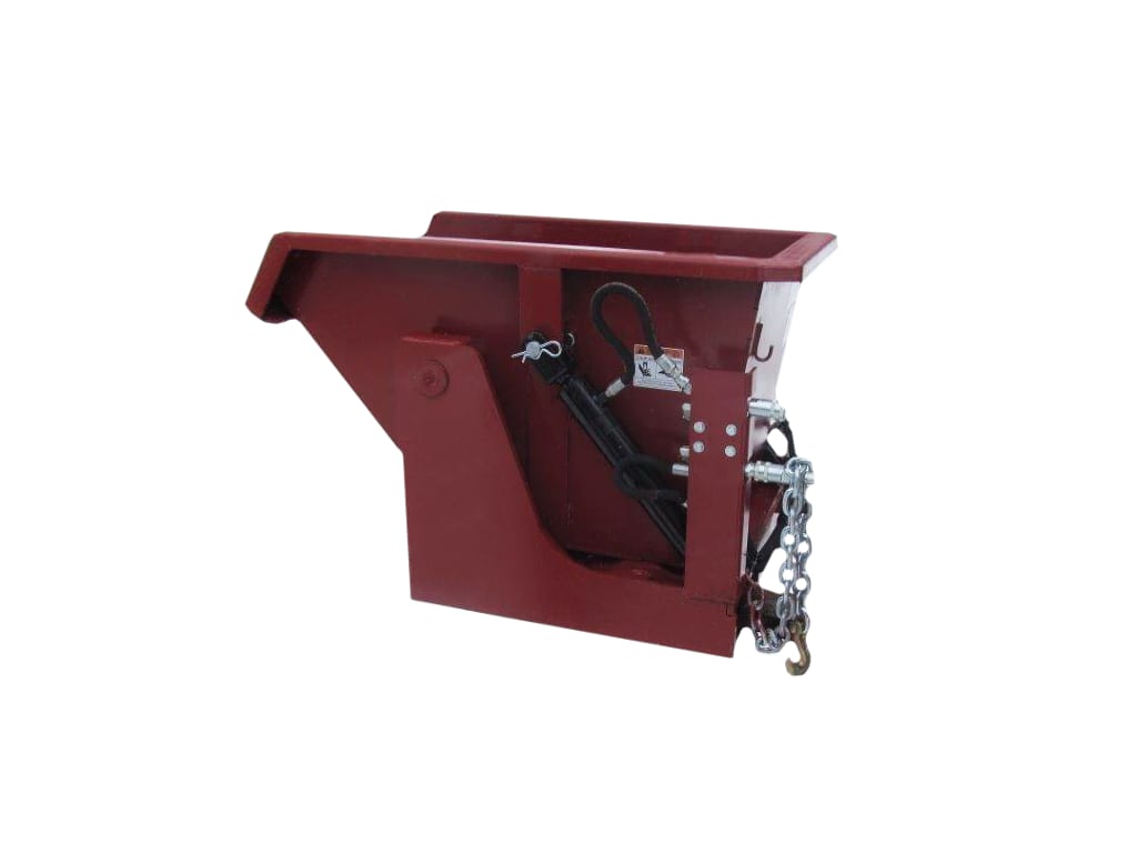 HD14 hydraulic red steel self-dumping hopper, side view showing hydraulic cylinder and chain trip mechanism