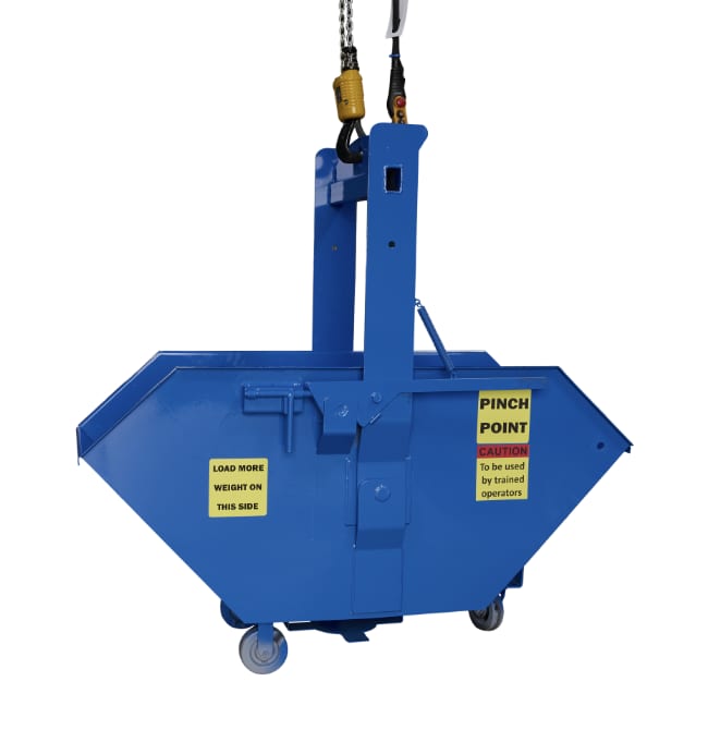Crane Hopper 3/4 yard blue steel hopper with crane hook in upright position showing front face and casters