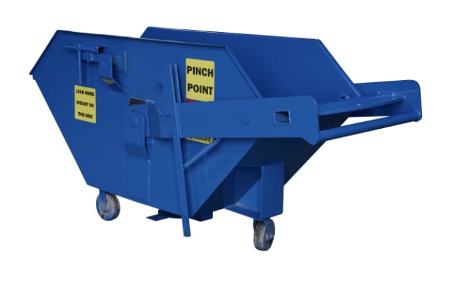 Crane Hopper 3/4 yard blue steel hopper on casters, upright floor-level position without crane hook