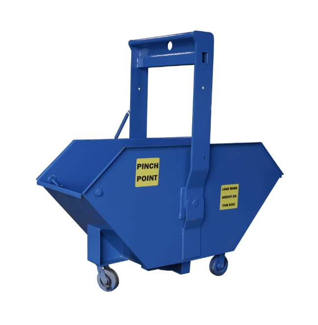Crane Hopper 3/4 yard blue steel hopper on casters with crane frame, three-quarter front-right view
